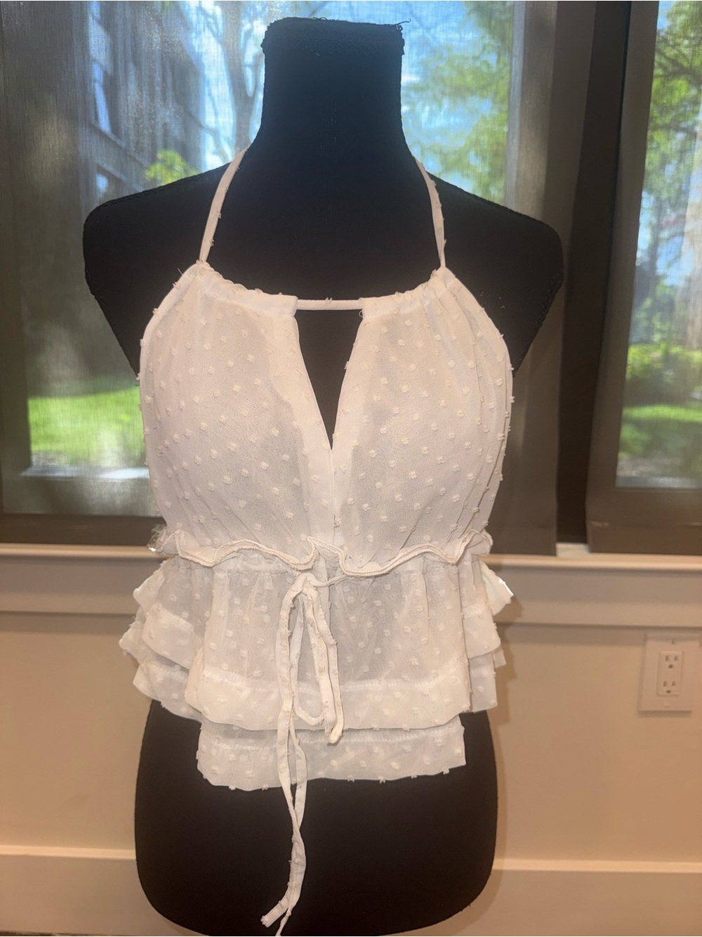 Fashion Nova White Swiss Dot Halter Peplum Camisole